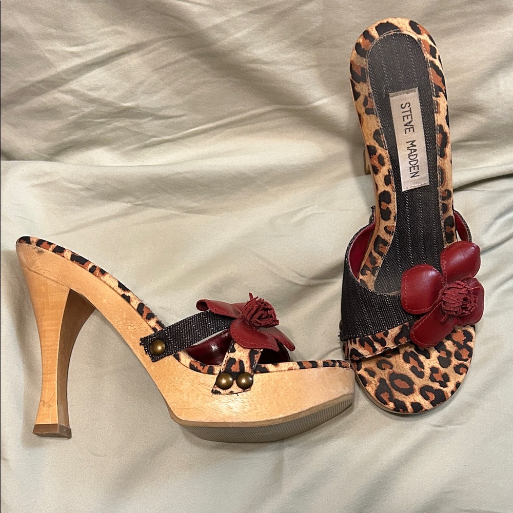 Vintage Steve Madden Leopard Heels with Burgundy Floral Accent